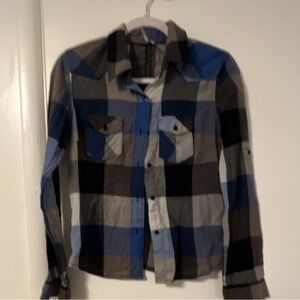 MAX Men's Plaid Cotton Long Sleeve Button-Up Shirt Blue Black Gray White Size S